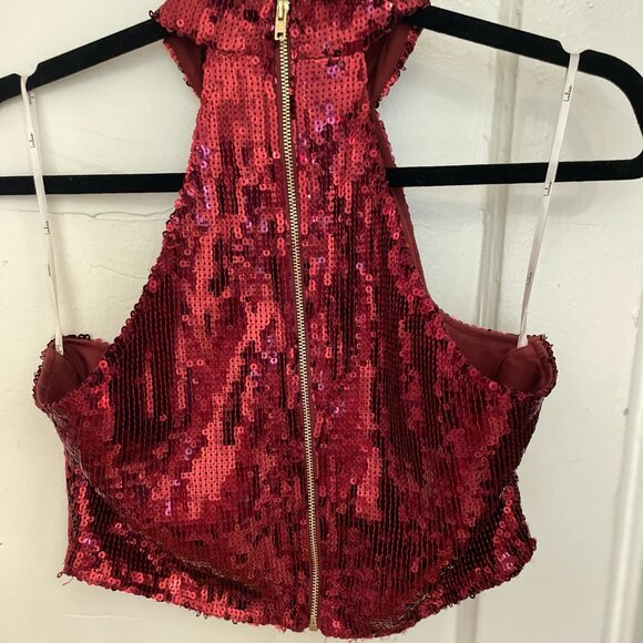 NWT Lulu's Burgundy Sequin High Neck Fringe Body Con Two Piece Set - Picture 4 of 7